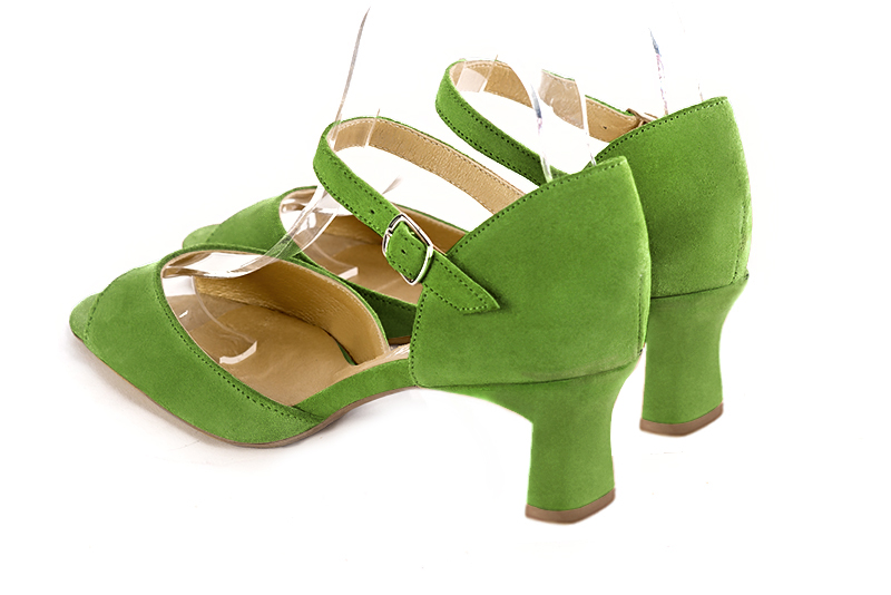 Grass green women's closed back sandals, with an instep strap. Square toe. Medium spool heels. Rear view - Florence KOOIJMAN